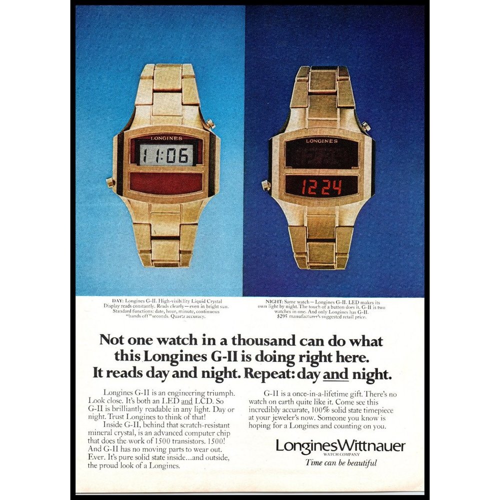 1976 Lingines Wittnauer G-II Day and Night Watch Vintage Print Ad Wall Art Photo